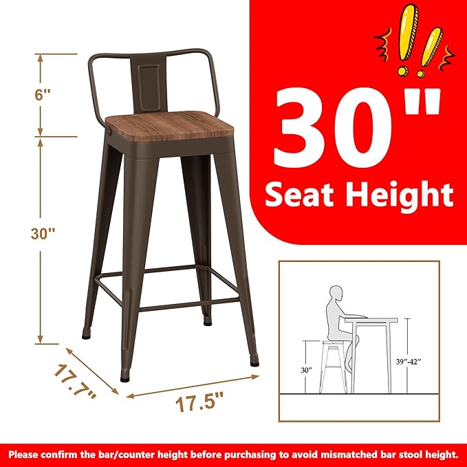 WENTMENT Bar Stools Set of 4 Counter Height Bar Stools Metal Barstools with Removable Back 30" Kitchen Bar Stools with Wooden Seat, Rusty