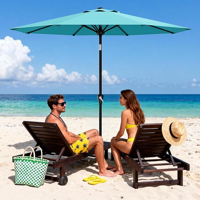 Garvee 9FT Patio Umbrella - Outdoor Table Umbrella with Smooth Crank Lift, Push Button Tilt and 8 Sturdy Ribs - Market Umbrella UV Protection Waterproof for Pool, Deck, Yard, Garden -Sky Blue