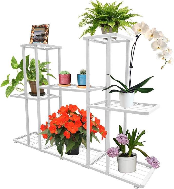 MTB Garden 3 Tier 8 Potted Metal Large Plant Stand for Indoor Outdoor Flower Pot Display Planter Shelf, White