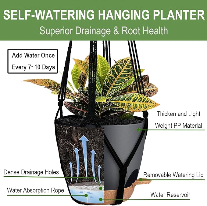 3 Pack Self Watering Hanging Planters Macrame Plant Hangers with Indoor Flower Pots, 3 Different Size Hanging Basket, Plant Hanger with Hooks for Garden Home Decor Black