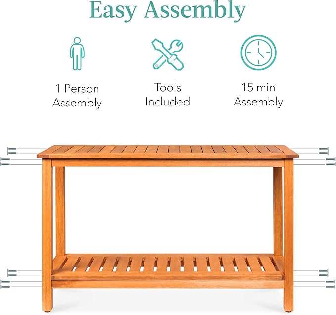 Best Choice Products 48in 2-Shelf Eucalyptus Wooden Console Table Indoor Outdoor Multifunctional Buffet Bar Storage Organizer w/Foot Sliders - Natural