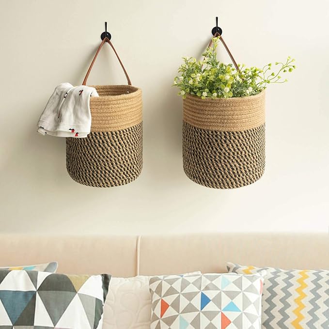 Goodpick 2pack Jute Rope Hanging Basket - 7.87" x 7" Small Woven Fern Wall Hanging Basket Flower Plants, Woven Storage, Black and Jute