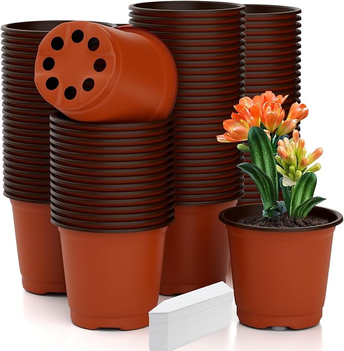 Nursery Pots 100 PCS 4 Inch Plant Pots with 100 Labels, Planting Pot for Plants Indoor Outdoor, Plastic Flower Pot for Seedlings Transplanting Small Plants Growing