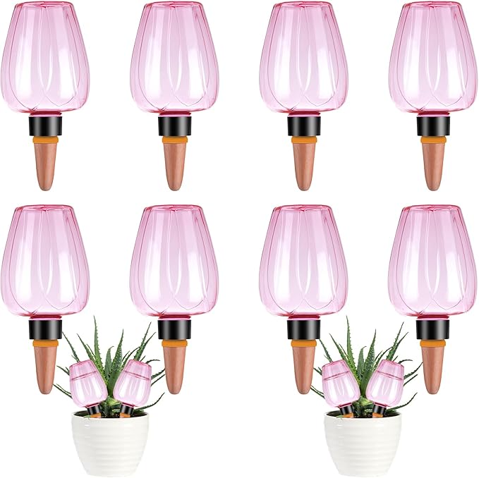 8 Pcs Plant Watering Globes Self Watering Planter Insert Plants Top Fill Water Device Plastic Water Bulbs Slow Release Terracotta for Plants, Pink