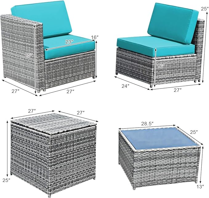 Tangkula 8 Pieces Wicker Patio Furniture Set with Storage Deck Box, PE Rattan Outdoor Sectional Conversation Set with Coffee Table & Cushions, Outside Furniture for Garden Yard Poolside (Turquoise)