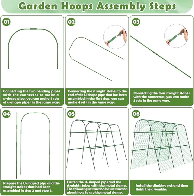 Cucumber Trellis for Raised Beds, 63 x 45 Inch U-Shaped Garden Trellis for Climbing Plants Outdoors with Climbing Net, Metal Detachable Arch Plant Support Vegetable Trellis