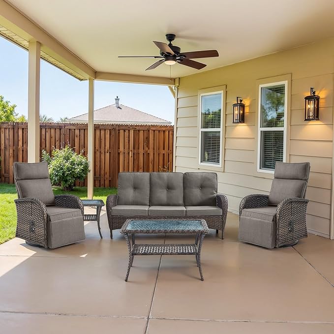 Dual-Adjust Swivel Outdoor Recliner Chair Set of 3 - Reclining Patio Chair with Adjustable Backrest and Footrest, All-Weather Wicker Chaise Lounge Outdoor with Side Table for Pool Deck Brown
