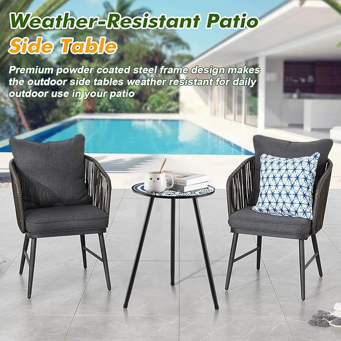1 Pack Metal Outdoor Side Table Small Outside Round End Table for Patio Modern Accent Garden Corner Table for Small Spaces, Balcony, Porch, Weather-Resistant, Plant Stand Indoor, Round Mosaic