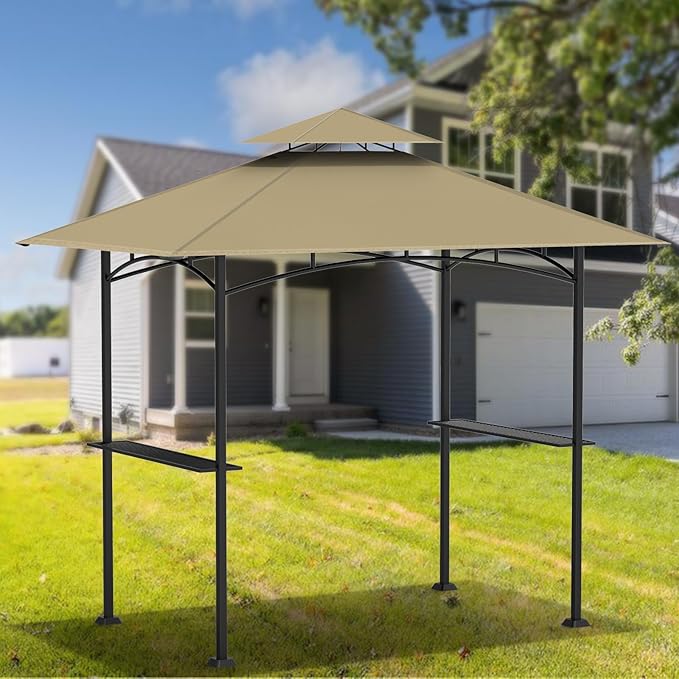 Grill Gazebo Replacement Canopy Top - AONEAR 5'x8' Outdoor BBQ Tent Roof Cover Double Tiered Outdoor Grill Shelter Fit for Model L-GG001PST-F (Khaki)