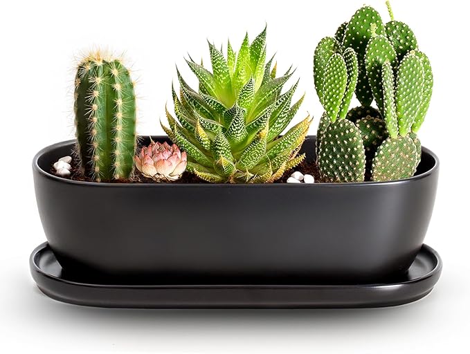 E-liu Oval Ceramic Planter Pot with Drainage Hole Saucers 11 Inch Succulents Planter Home Decor for Indoor Outdoor Plants Herb Cactus with 3 Mesh Pads, Plants Not Included, Black