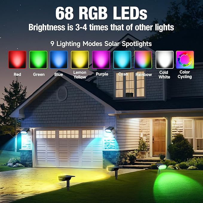 68 LEDs RGB Solar Spot Lights, 1000 Lumens 9 Lighting Modes Color Changing Solar Outdoor Lights, IP67 Waterproof 2-in-1 Landscape Garden Light for Yard Patio, 4 Pack