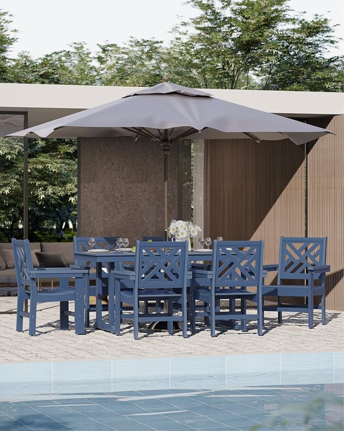 7-Piece Outdoor Dining Set, HDPE All-Weather Patio Table and Chairs Set for 6, Outdoor Patio Furniture Sets with Umbrella Hole for Outside, Deck, Backyard, Garden (Navy Blue)