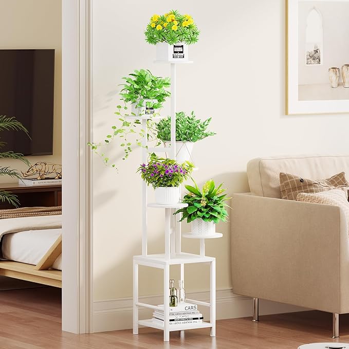 Plant Stand Indoor with Grow Light, 6-Tiered Tall Plant Stand Indoor, Metal Plant Shelf with Hanging Basket Hook and Adjustable Light, Ideal for Living Room, Garden, Round Patio white