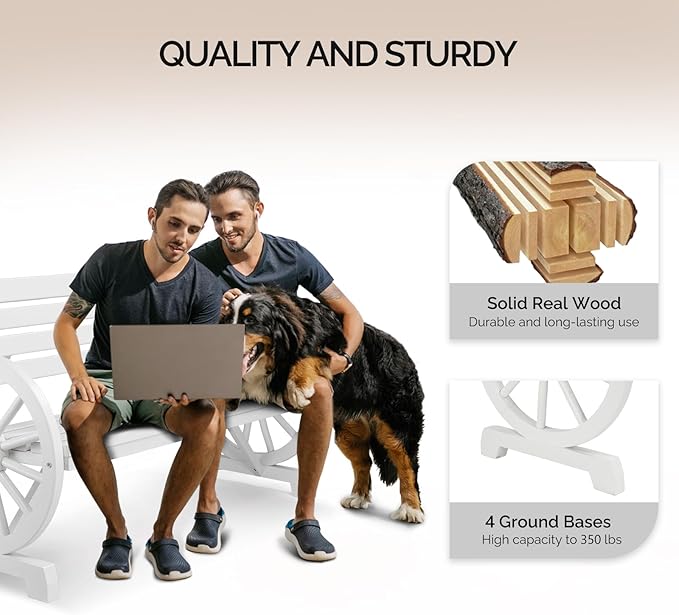 VINGLI Rustic Wooden Wheel Bench Outdoor Bench, Patio Bench Wagon Slatted Seat, Garden Benches for Outdoors 350lbs High Capacity, Weather Resistance (White, 55in)