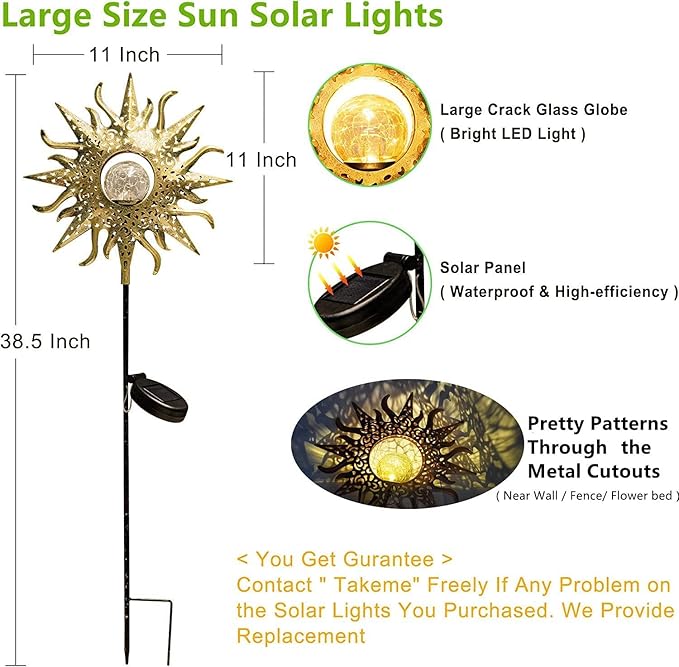 TAKE ME Sun Solar Lights Outdoor Waterproof Metal Garden Stakes for Patio Yard Walkway LawnPatio Mothers Gifts Mom Wife Grandma (Sun)