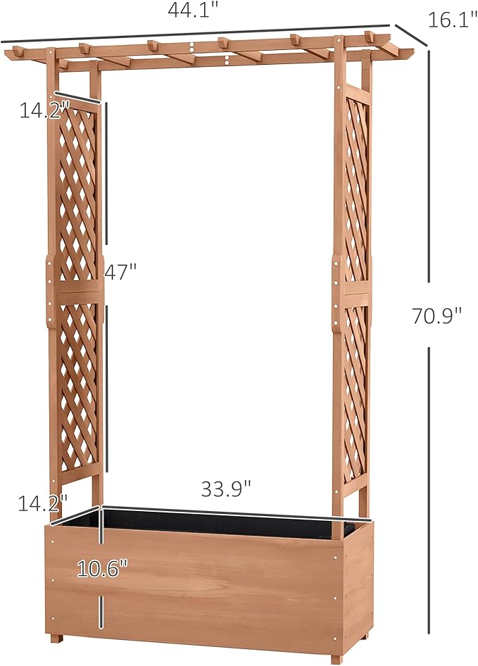 Outsunny Raised Garden Bed with Arch Trellis for Vine Climbing Plants, Hanging Flowers, 70.75" Tall Outdoor Wood Planter Box with Drainage Hole & Fabric Filter for Backyard, Patio, Brown