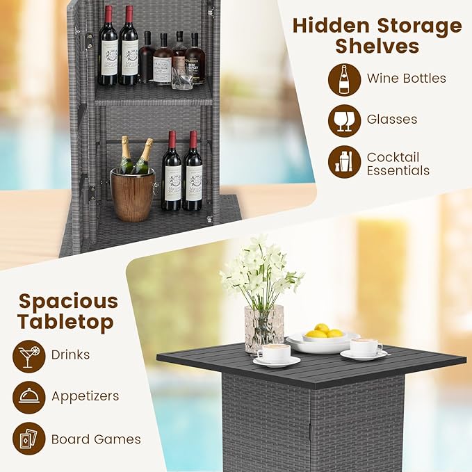 Tangkula 5 Piece Outdoor Rattan Bar Set, Patio Bar Furniture with 4 Cushions Stools and Smooth Top Table with Hidden Storage Shelf, Outdoor Conversation Set for Poolside, Backyard, Lawn (Grey-White)