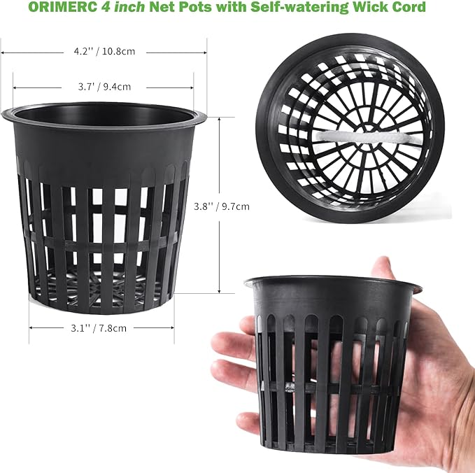 ORIMERC 4 inch 15 Pack Net Cups Pots, with 15 feet Self Watering Rope, 15 Plant Labels, for Hydroponics Aquaponics Kratky Orchid Vegetable Indoor Outdoor Growing Baskets Nursery Slotted Mesh BPA Free