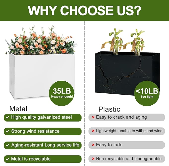 Galvanized Steel Planter Box-No Installation Required Metal Rectangular Block Long Box Planter Modern Outdoor Planters All-Weather Use with Drainage Holes for Patio/Porch, 36×24×12IN（White）