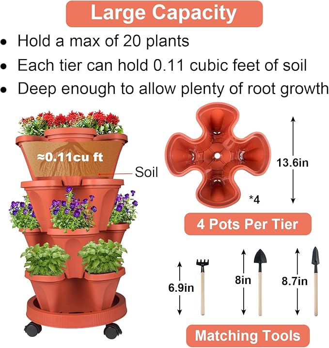GameXcel Vertical Planter 4 Tier Stackable Planters Garden Planters Strawberry Herb Flower and Vegetable Planter Indoor Outdoor Gardening Pots with Removable Wheels and Tools 2-Pack
