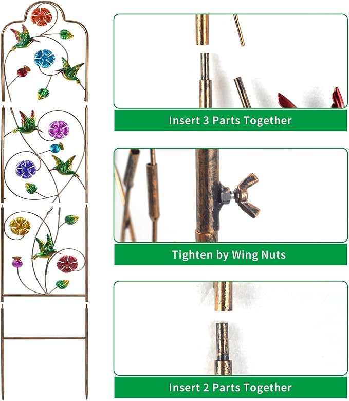 2 Pack Metal Garden Trellis Arched Fence Trellises for Climbing Plants Outdoor, Roses, Vines, Flowers, and Vegetables Support, 60'' H x 12'' W, Hummingbird