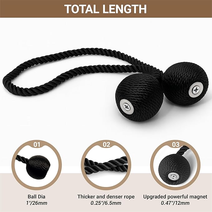 Hion Magnetic Curtain Tiebacks Black 6 Pack, Curtain Tiebacks Buckles Holdbacks Holders Hooks Clip for Home Bedroom Office Decorative Thick or Thin Curtain