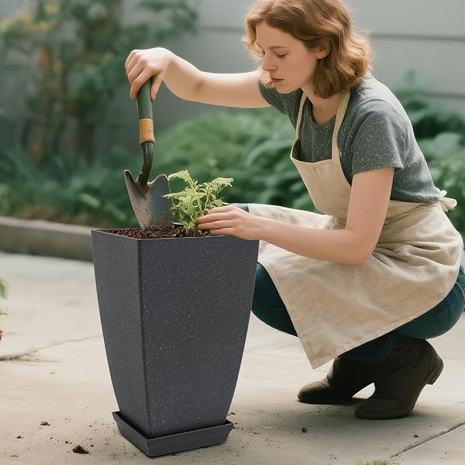 Set of 2 Tall Planter, 21 inch Large Plastic Planter with Drain Hole & Saucers, Large Outdoor Planters for Porch, Garden, Patio, Balcony(Cement Gray)