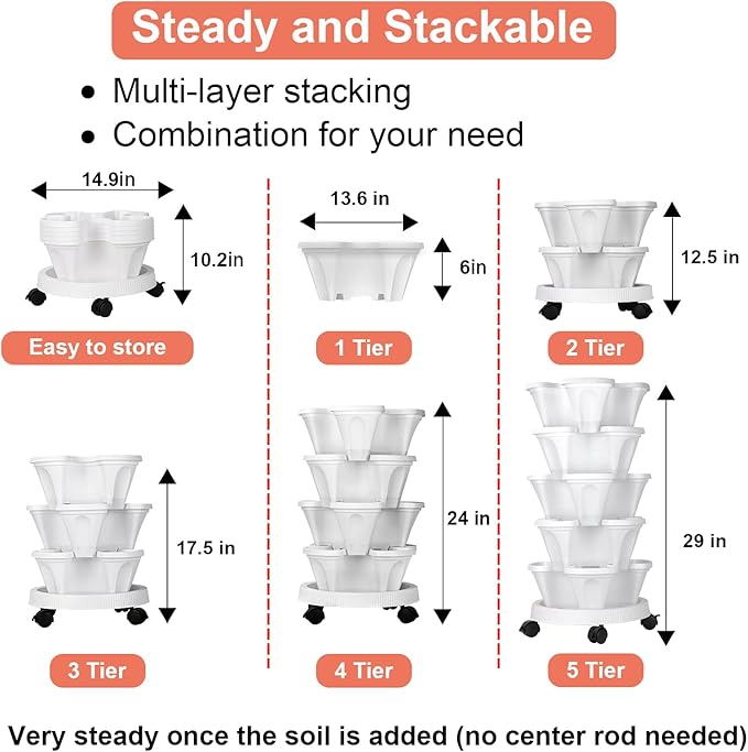 GameXcel Vertical Planter 5 Tier Stackable Planters Garden Planters Strawberry Herb Flower and Vegetable Planter Indoor Outdoor Gardening Pots with Removable Wheels and Tools White