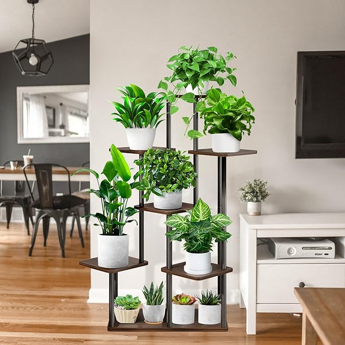 7 Tier Plant Stand Indoor, Thickened Metal Wood Corner Plant Shelf Stands for Multiple Plants, Indoor Tall Plants Stand Tiered Flower Holder for Living Room Patio Garden Balcony(Black+Oak)