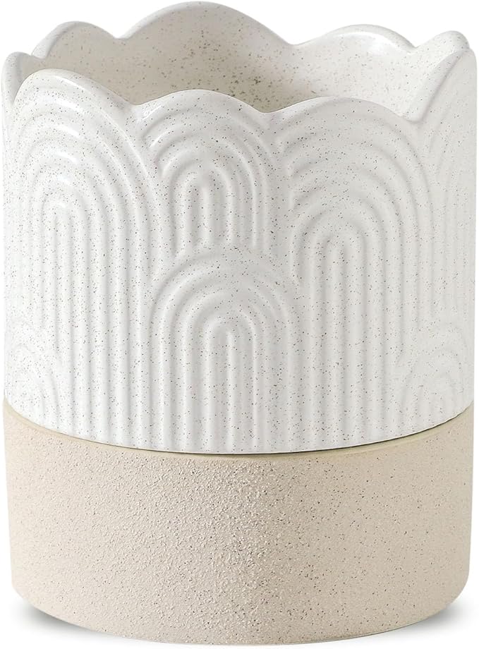 Nihow Self Watering Plant Pot: 4.5 Inch Ceramic Planter with Drainage Hole & Water Storage Plus for Indoor & Outdoor Plants - Cylinder Flower Pot for Herbs/Violets - Beige & Nature
