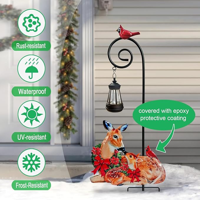 Deer Metal Garden Stake with Solar Lantern,Christmas Decorations Outdoor Waterproof Sloar Lights Outside,Doe and Fawn Outdoor Statue