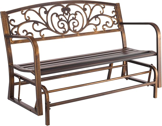 VEVOR Outdoor Bench, 50 inch, Carbon Steel Metal Frame with Cast Iron Backrest and Round Edge Armrests, Weatherproof Outside Glider Bench for Patio, Garden, Park, Yard, Front Porch, Antique Bronze