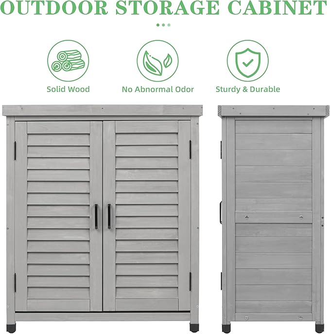 Outdoor Potting Bench with Storage Cabinet and Metal Top, Wood Workstation for Outdoor Patio, Garden (Light Grey, 31x17x36‘’)