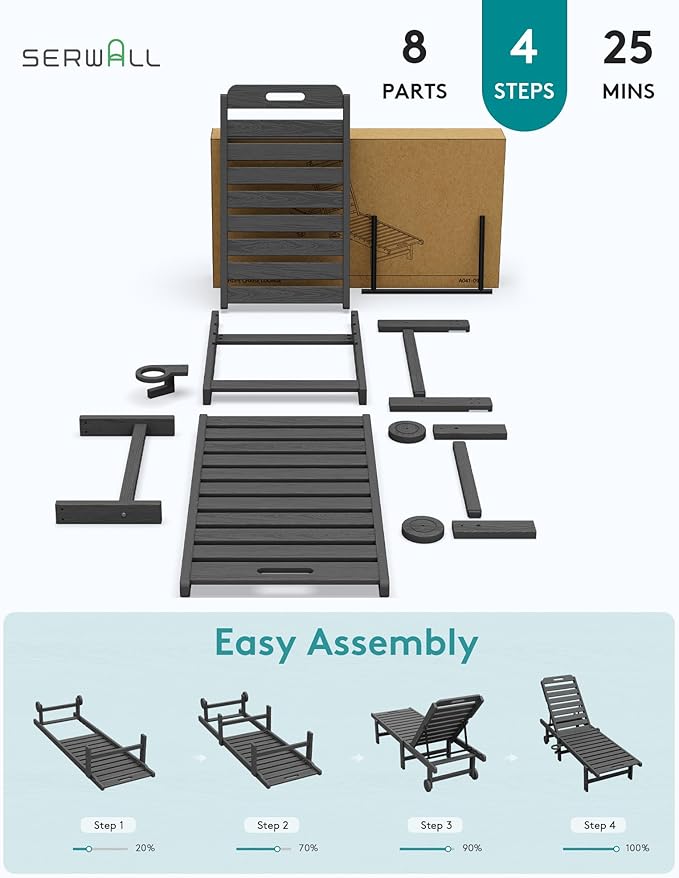 SERWALL Outdoor Chaise Lounge Set of 2 with 9FT Patio Umbrella, HDPE Pool Lounge Chair with 5-Position Adjustable Backrest, Patio Lounger with Rolling Wheels & Cup Holder for Pool, Grey