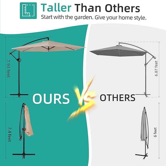 Shintenchi Patio Offset Umbrella with Easy Tilt Adjustment,Crank and Cross Base, Outdoor Cantilever Hanging Umbrella, Sunshade Free Standing Canopy, Khaki