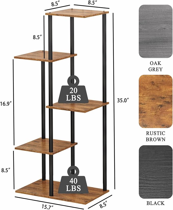 Plant Stand Indoor 5 Tier 6 Potted Metal Wood Plant Shelf, Multiple Flower Pots Corner Tall Plant Holder Stands for Living Room Balcony Bedroom, Rustic Brown