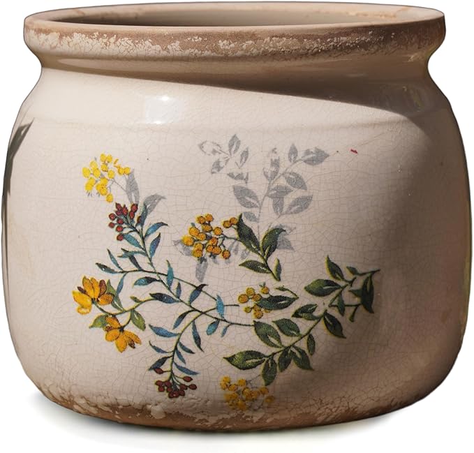 Vintage Ceramic Ice Crack Flower Pot with Drainage Holes, Country Rustic Planters for Indoor and Outdoor,Tuscan Decor,Home,Living Room, Garden Decor, Gardening Gift (English)