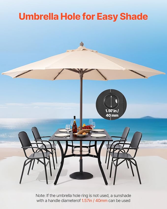 VEVOR Outdoor Patio Dining Table, 59 inch Long Rectangular Metal Steel Slat Backyard Bistro Tables for 4-6, with 1.5 in Umbrella Hole, All-Weather Large Furniture for Lawn Garden Porch, Black