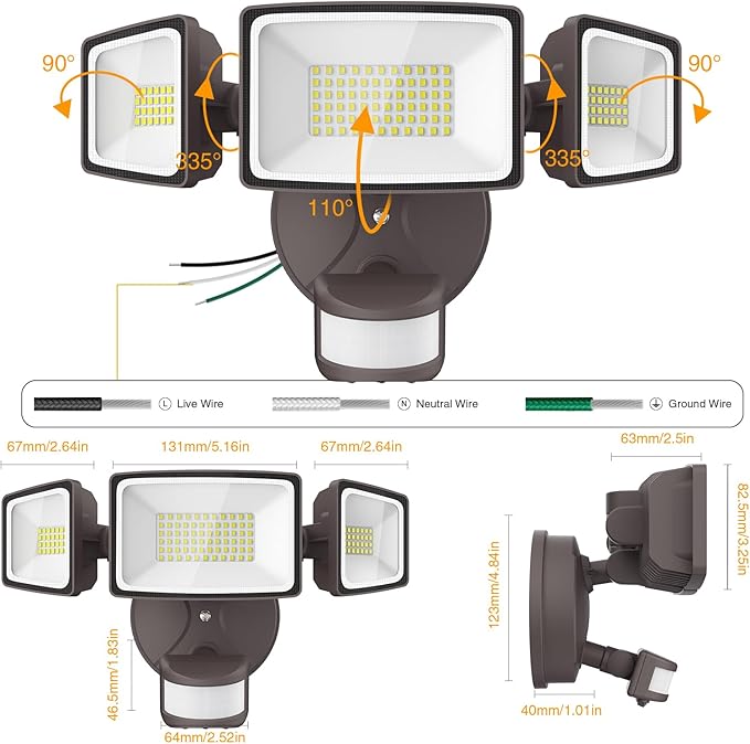 Onforu 75W LED Flood Light Motion Sensor Outdoor, 7000lm Dusk to Dawn Flood Light, Security Light with Three Head, IP65 Waterproof Exterior Floodlight, 6500k Wall Light for Entryway Stairs Yard Garage
