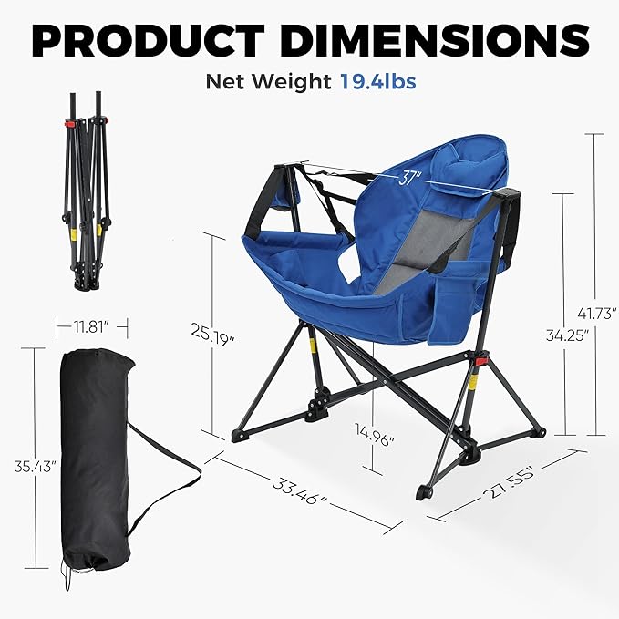 Ainfox Hammock Camping Chair, Foldable Portable Rocking Chairs for Adults Outside Swinging Camp with Cup Holder Pillow for Outdoor Patio Poolside (Blue)