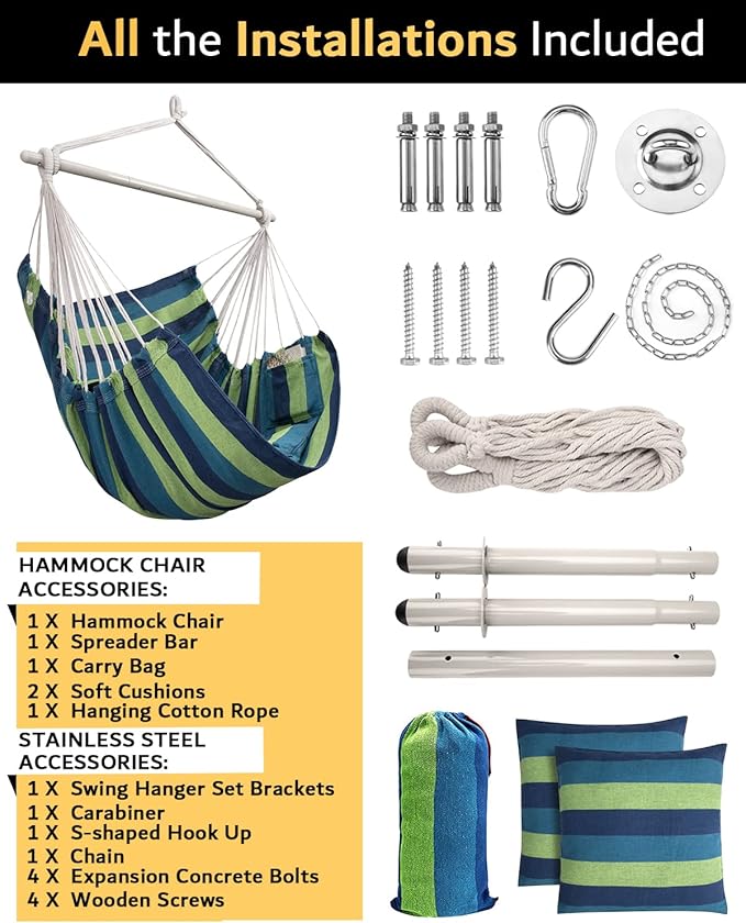 XXL Hammock Chair Hanging Rope Swing with 2 Cushions - Max 500lbs-Perfect for Patio, Porch, Bedroom, Backyard, Indoor or Outdoor - Includes Hanging Hardware Kits