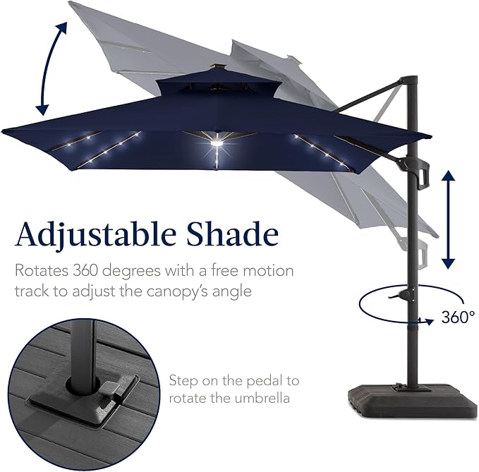 Best Choice Products 9x12ft LED Cantilever Patio Umbrella w/Base Included & 360° Rotation, Large Solar Offset Hanging Outdoor Sun Shade for Deck, Backyard Table w/Stand & Lights – Navy Blue