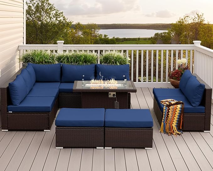 NICESOUL 10 Piece Outdoor Couch Set with Fire Pit Natural Gas/Propane, 29.3'' High Backrest Comfy Sectional Patio Furniture, Large Wide Seating Sofa for Outside, Brown Rattan and Navy Blue Cushion