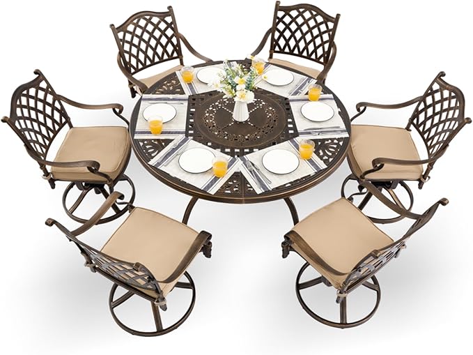 7-Piece Cast Aluminum Patio Furniture, Patio Dining Set for 6 Include 54" Round Outdoor Dining Table and 6 Swivel Chairs with Cushions & Umbrella Hole (Bronze)