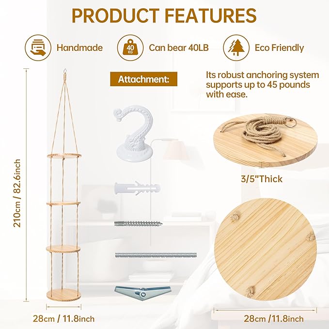 Hemp Rope Hanging Plant Shelf from Ceiling for Narrow Space Boho Hanging Plant Shelves, Natural Pine Wooden Plant Stand Display for Indoor, Outdoor, Corner, Balcony, Living Room and Bedroom