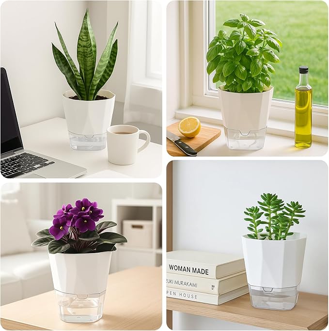 6 Pack Self Watering Pots for Indoor Plants, 5 Inches Self Watering Planters Small African Violet Self Watering Clear Pots for Plants Herb Orchid Flower Houseplant Pots, White