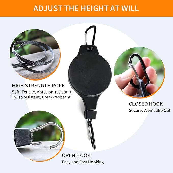 4PCS Plant Pulley Retractable Pulley Plant Hanger Hanging Flower Basket Hook Adjustable Retractable Plant Pulley Hangers - Versatile Height Hooks for Hanging Baskets, Flower Pots, and Bird Feeders