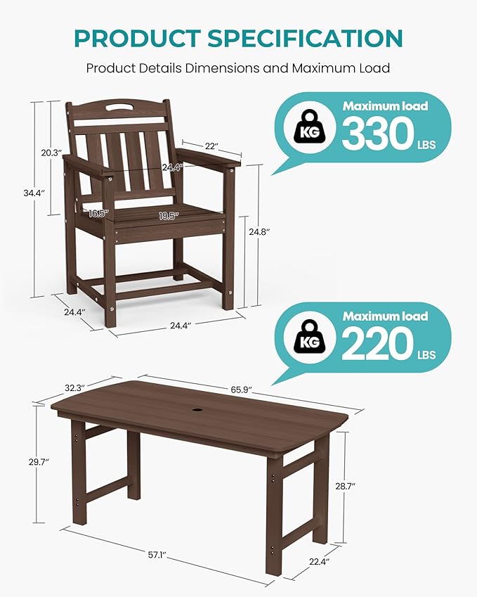 Outdoor Rectangle Dining Table, Heavy-Duty HDPE Table for 6, Weatherproof Patio Table with Umbrella Hole, Rounded Corners for Safety, Brown