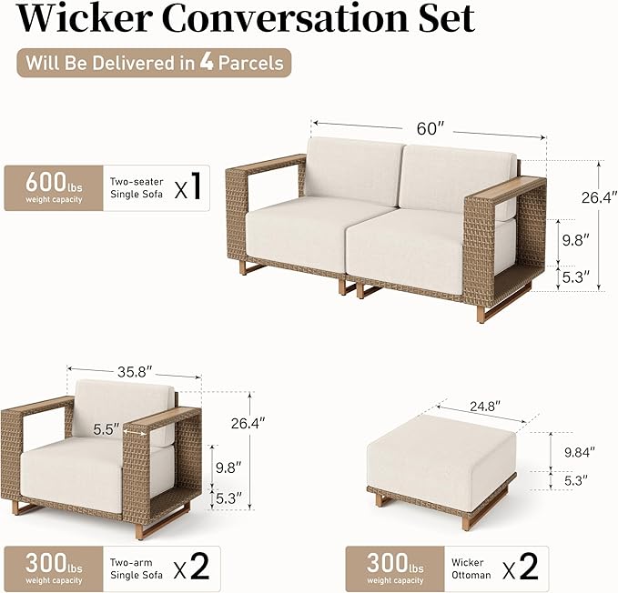 Sectional Outdoor Patio Furniture,Outdoor Rattan Wicker Sectional Sofa with 10''Ultra-Thick Cushions,All Weather Patio Conversation Set for Lawn Garden Backyard,Beige