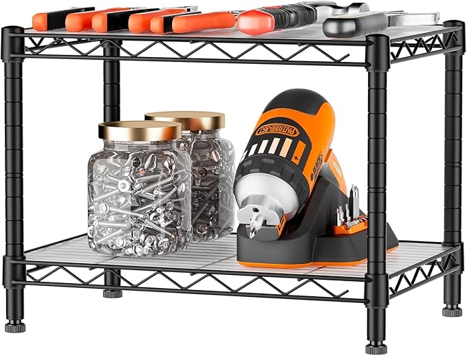 Xcity Storage Shelves, 2 Tier Heavy Duty Metal Shelving Unit with Wheels, 700 LBS Capacity Adjustable Steel Wire Shelf Organizer for Pantry, Kitchen, Garage, 14" D x 24" W x 20" H, Black